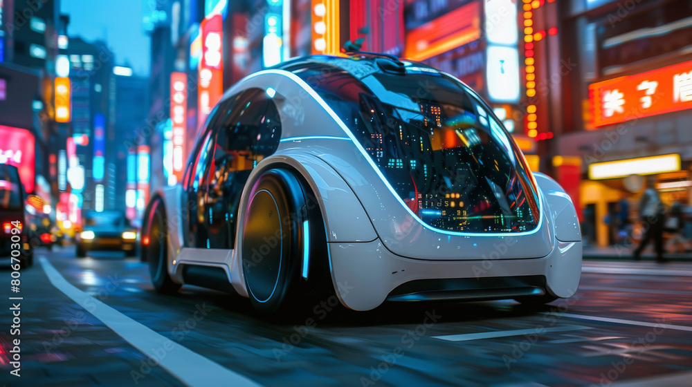 Fototapeta premium Futuristic autonomous vehicle cruising through a neon-lit cityscape at night, showcasing advanced transportation technology against an urban backdrop with Asian script signage.