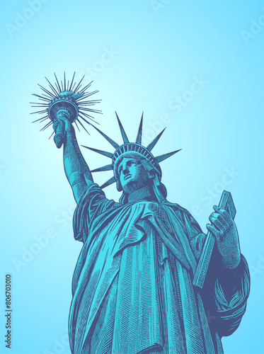 Engraving of Liberty statue low angle view
