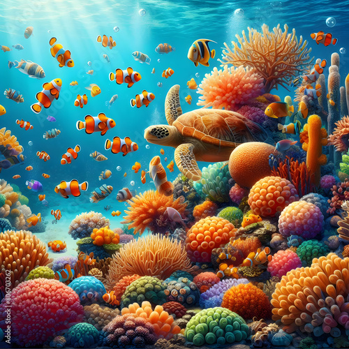 turtle in the sea An underwater scene teeming with colorful coral, busy clownfish, and a gentle sea turtle and other sea creatures