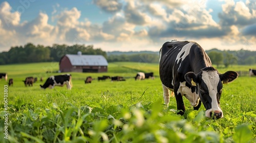 A beautiful black and white cow grazes peacefully in a lush green field surrounded by a serene pastoral landscape. Farming concept
