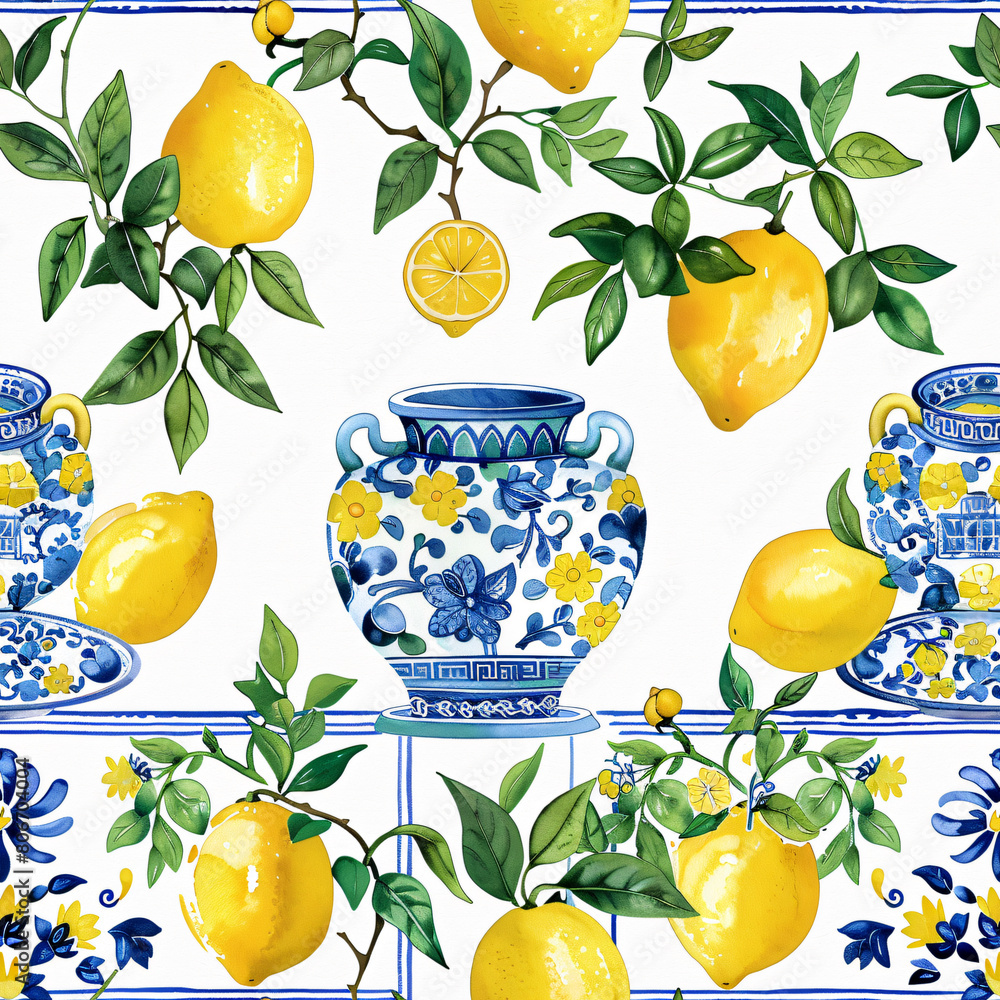 Obraz premium Mediterranean lemon and pottery pattern