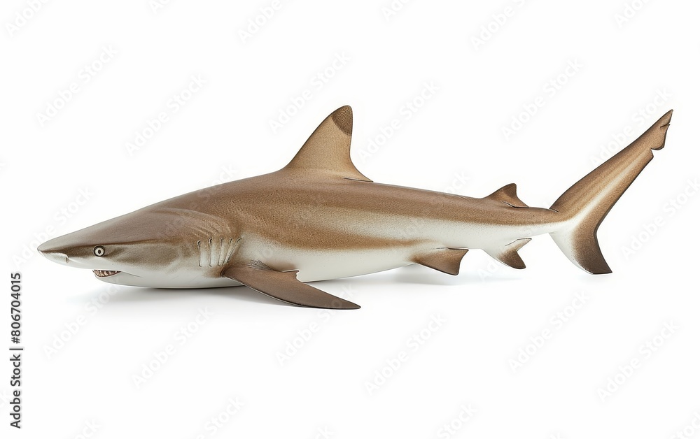 Fototapeta premium Profile shot of a brown shark cruising in clear waters with a neutral background.