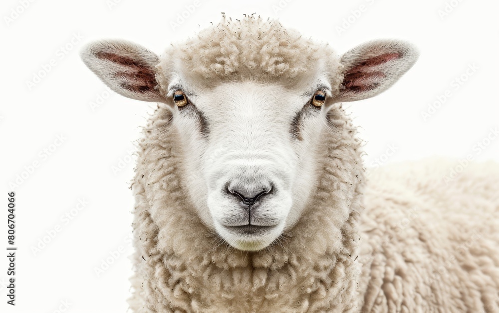 Close-up of a sheep's face with a soft, innocent gaze, against a high-key white background.