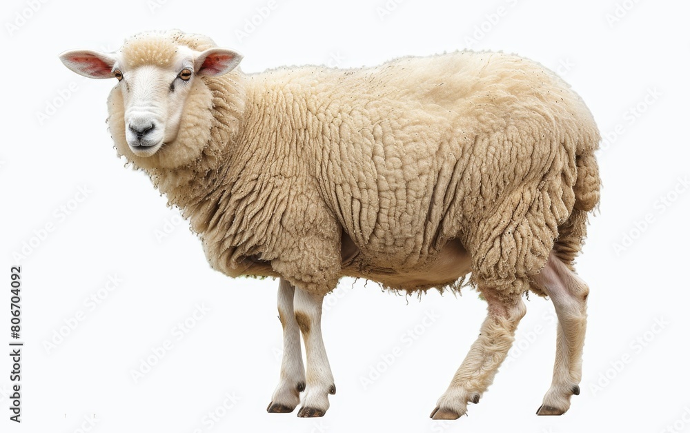 Stout sheep with a dense wool coat standing alert, isolated on a white background. Stout sheep with a dense wool coat standing alert, isolated on a white background.