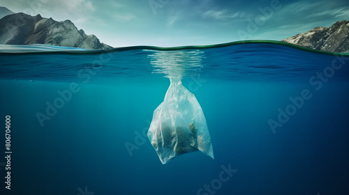 view under the water of a plastic bag sinks and goes under water , Pollution of oceans, Plastic bag environment pollution, trash on sea , A threat to fish wealth