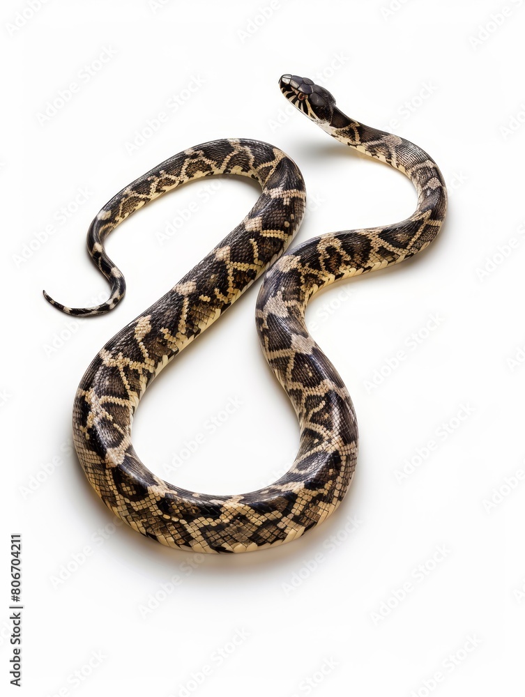A coiled python displayed elegantly with intricate patterns, isolated on a white background. A coiled python displayed elegantly with intricate patterns, isolated on a white background.