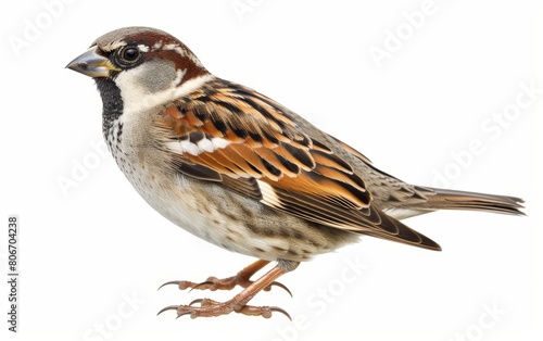 House sparrow perched with full body visible, displaying its intricate feather patterns on a white background. © burntime555