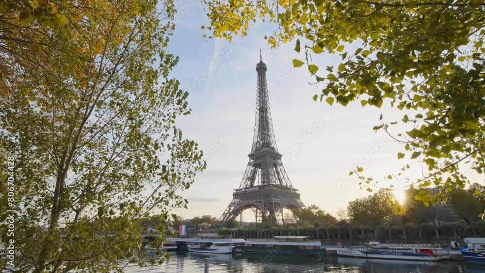 Beautiful view of famous Eiffel Tower one of the most iconic landmarks in France. Paris city center and river Seine at morning sunrise or sunset in autumn. Best travel destinations landmark in Europe.
