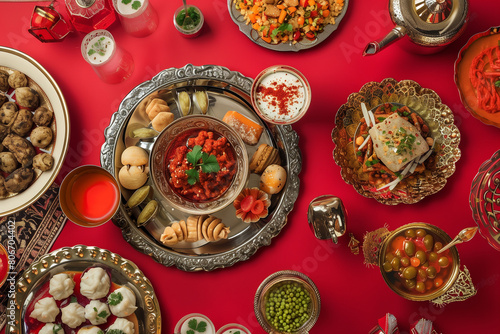 Luxurious Festive Spread with Various Indian Sweets on Red Background