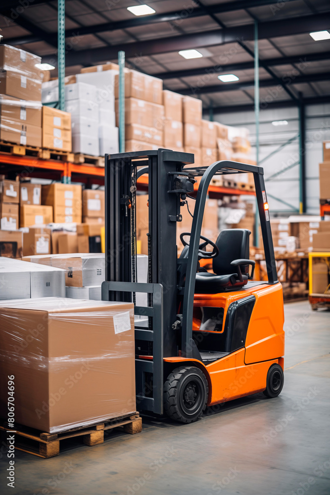 An organized industrial warehouse with a yellow forklift transporting boxes among large shelves, symbolizing efficient logistics and operations.