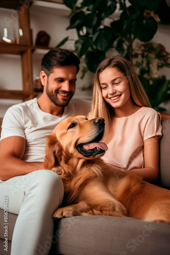 A joyful family moment with a man and woman smiling at their golden retriever on a couch, surrounded by indoor plants in a modern living room. photo