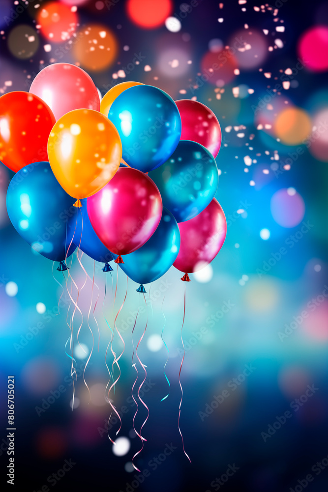 A joyful display of colorful balloons with ribbons floating against a festive night sky, illuminated by sparkling lights, adding a vibrant and cheerful atmosphere to the celebration. A joyful display of colorful balloons with ribbons floating against a festive night sky, illuminated by sparkling lights, adding a vibrant and cheerful atmosphere to the celebration.