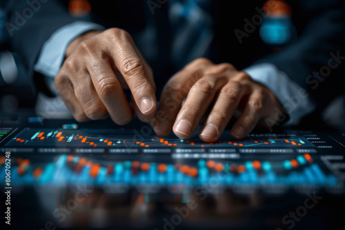 A person in a suit analyzing financial data on a digital tablet with colorful charts and graphs, representing stock market trading or investment analysis.