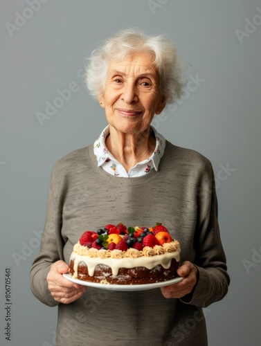 Graceful senior woman holding a fruit-topped cake with a gentle smile.