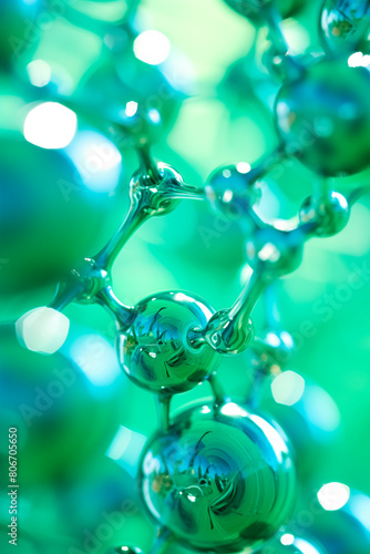 An abstract view of connected spherical green molecules, illustrating a complex and intricate structure that symbolizes scientific research and technology.