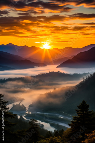 A breathtaking sunrise over mountain ranges, where layers of fog create a serene and tranquil scene bathed in golden morning light.