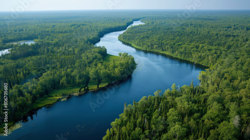 Aerial view of a winding river cutting through dense green forests, showcasing the natural waterway's meandering path amidst a vast woodland landscape.