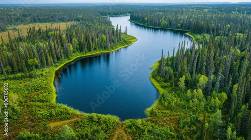 A serene aerial view of a meandering river flowing through a dense  lush green forest  illustrating the natural beauty and tranquility of a woodland landscape.