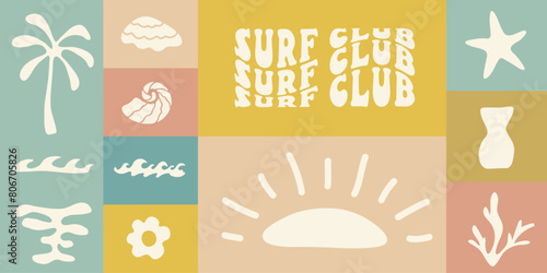 Retro Groovy Surf Club in trendy Boho style. Naive Geometric Summer Palm Tree. Simple background of sun sea. Retro Summer Beach Hand Drawn isolated illustration. Vintage Surf Club. Vector illustration (ID: 806705826)