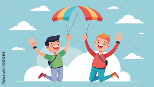 Amidst the intense focus and concentration the parasailers also manage to have fun exchanging highfives and laughs with each other as they all aim for. Vector illustration
