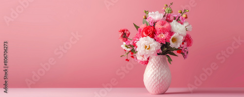 Delicate Vase of Mixed Flowers on Pink Background