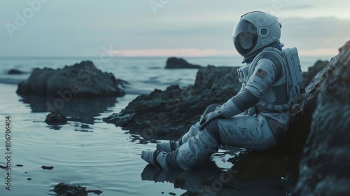 Astronaut in spacesuit sitting on rocky shore gazing at the ocean, contemplating, with a serene and tranquil backdrop at dusk.