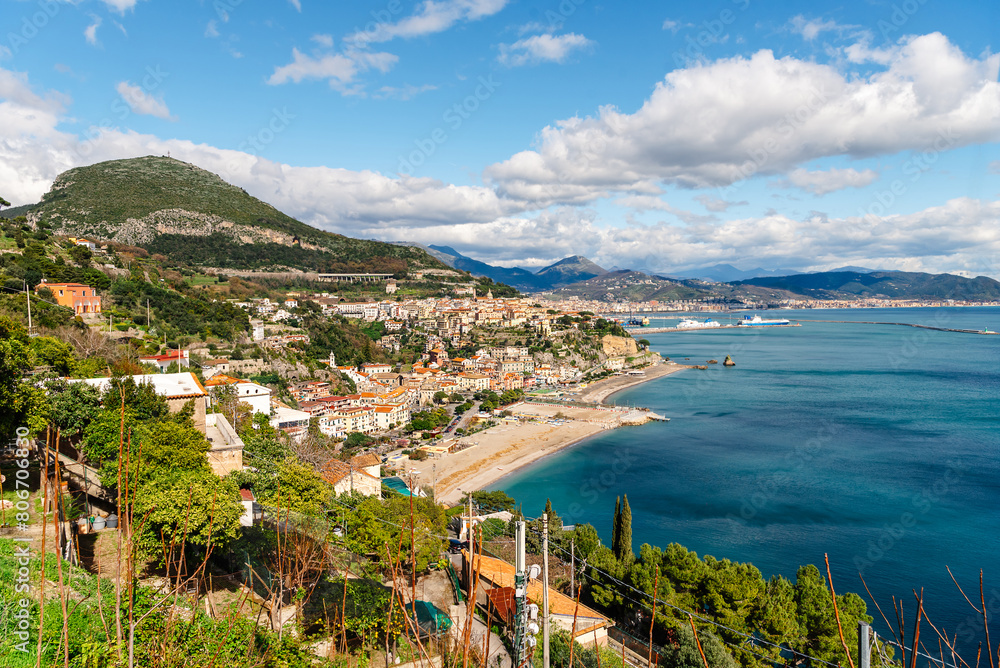 The beach in Vietri sul Mare in spring. View of the city beach and the sea