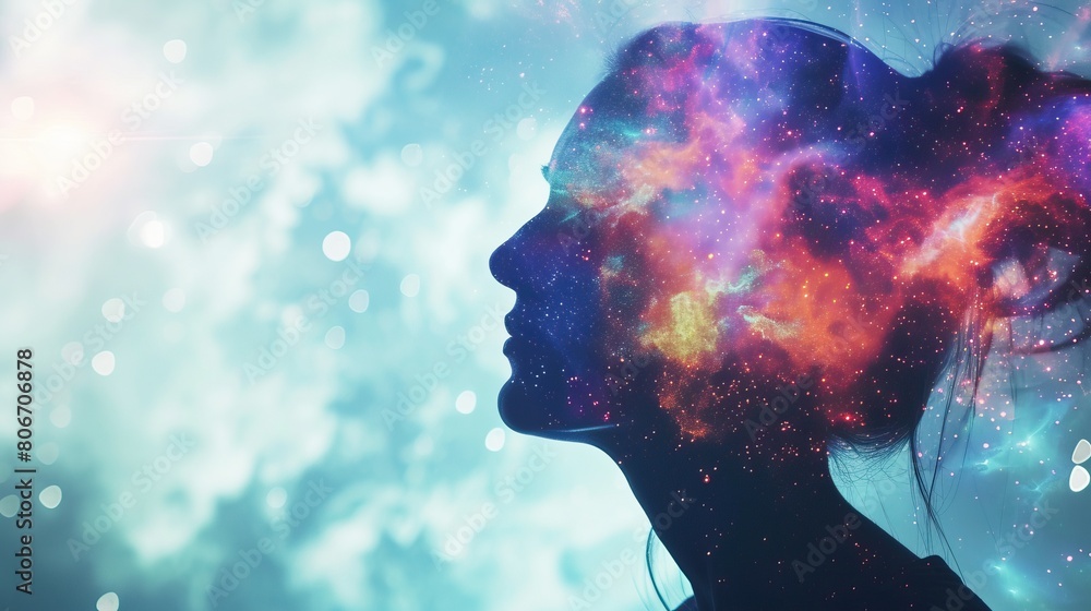 Cosmic Contemplation. A digital artwork of a woman's profile blended with a cosmic nebula, creating a surreal and vibrant visual of space and human features. Cosmic Contemplation. A digital artwork of a woman's profile blended with a cosmic nebula, creating a surreal and vibrant visual of space and human features.