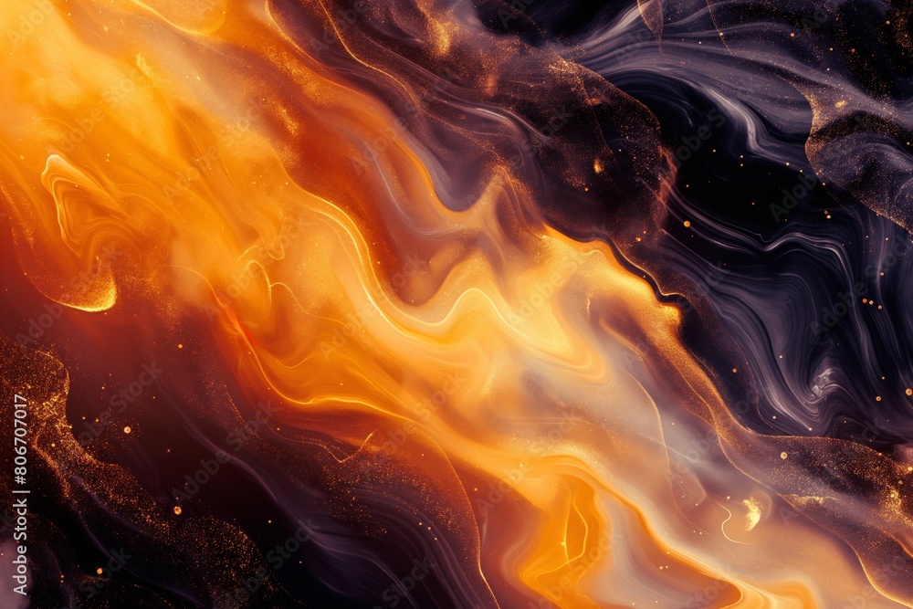 Vibrant abstract background depicting flowing orange and black textures with glittering particles Vibrant abstract background depicting flowing orange and black textures with glittering particles