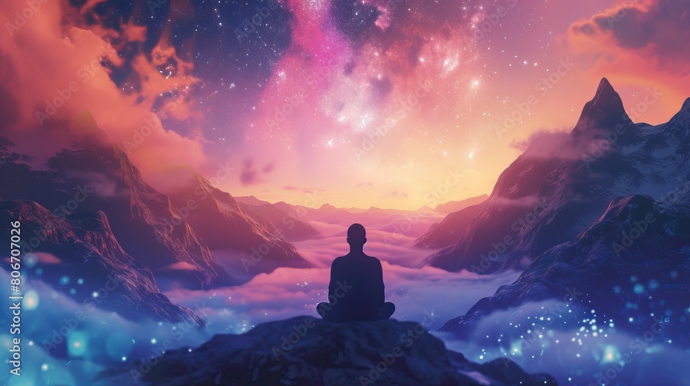 Cosmic Thoughts. A surreal portrait of a woman with a cosmic galaxy merging with her head, symbolizing deep thoughts and the universe within. Cosmic Thoughts. A surreal portrait of a woman with a cosmic galaxy merging with her head, symbolizing deep thoughts and the universe within.