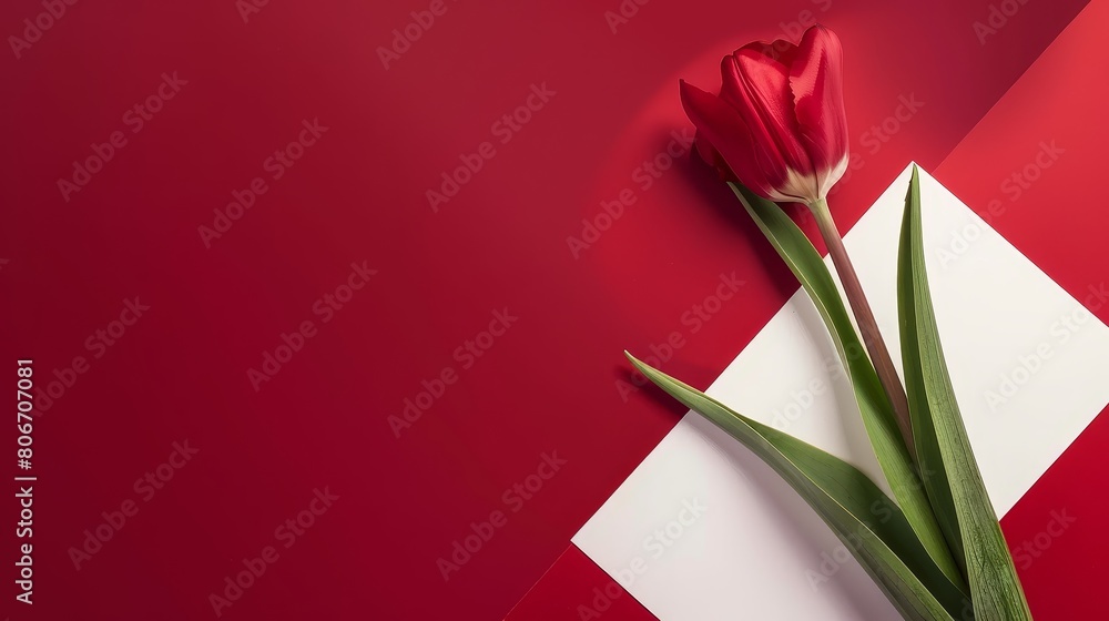 Vibrant tulip beside blank paper on bold red backdrop, Ai Generated Vibrant tulip beside blank paper on bold red backdrop, Ai Generated