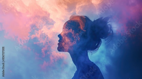 Cosmic Contemplation. A digital artwork of a woman's profile blended with a cosmic nebula, creating a surreal and vibrant visual of space and human features.