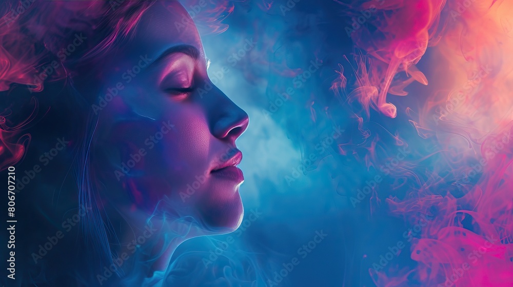 Cosmic Beauty. A vibrant digital artwork of a woman's profile with cosmic and nebula-like patterns swirling around her head, in vivid shades of pink and blue.