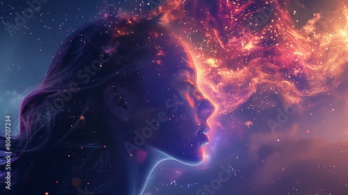 Cosmic Beauty. Artistic depiction of a woman's profile with cosmic elements and vibrant colors resembling a nebula.