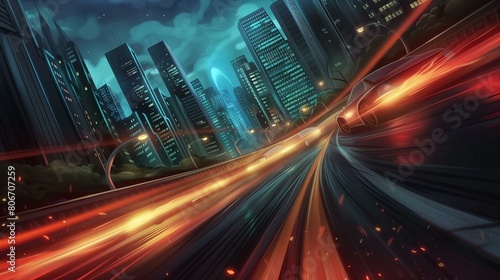 Speed concept, car is speeding down city street at night, leaving trail of light behind it, control technology innovation progress future