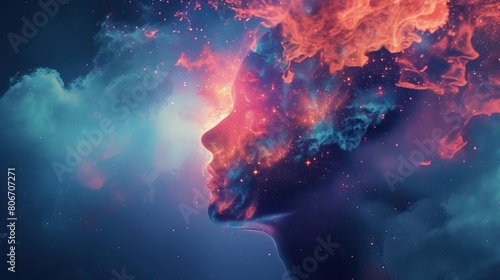 Surreal digital artwork of a human profile with cosmic elements and vibrant colors representing a universe theme.
