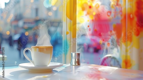 Coffee cup on table in front of colorful window, tranquil serene calm quiet still photo