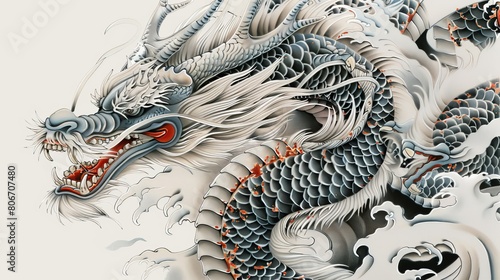 Detailed Japanese tattoo art featuring a powerful dragon, with intricate scales and waves, symbolizing strength, on a clean background