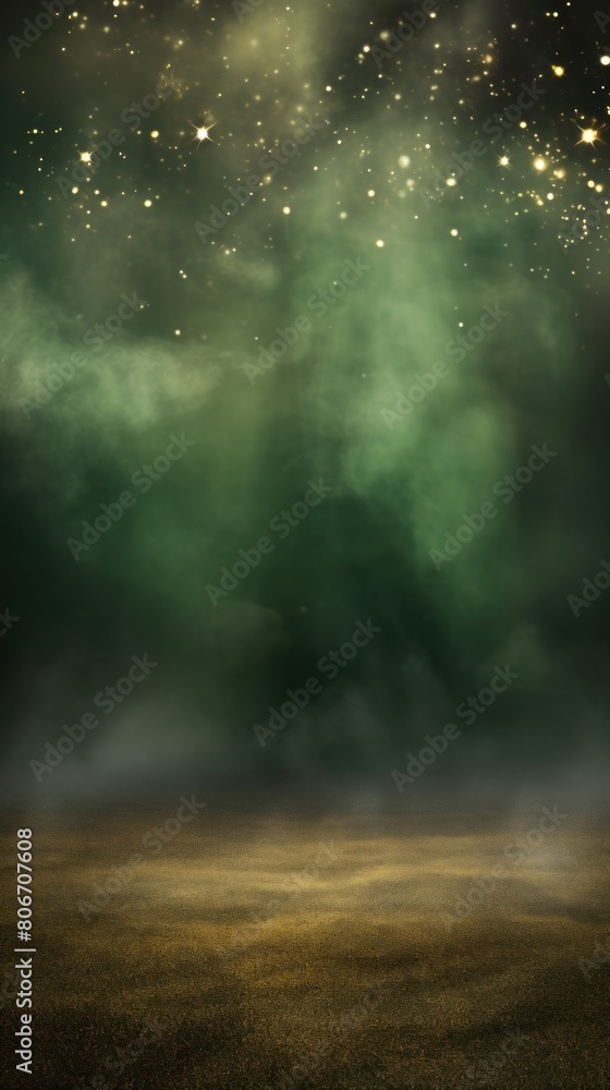 Olive smoke empty scene background with spotlights mist fog with gold glitter sparkle stage studio interior texture for display products blank 