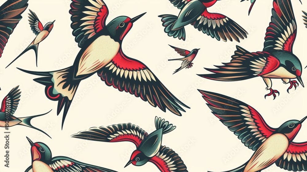 Obraz premium Detailed display of traditional tattoos, including classic swallows, with prominent outlines and strong, uniform colors, on a clean, isolated background