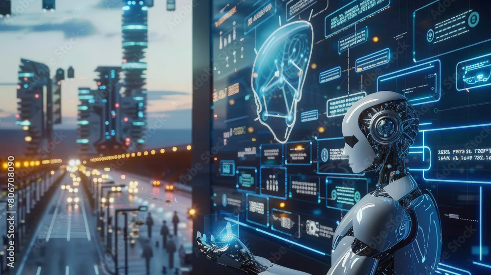 A humanoid robot interfacing with futuristic holographic displays in a cityscape during twilight, illustrating advanced artificial intelligence and urban technology integration.