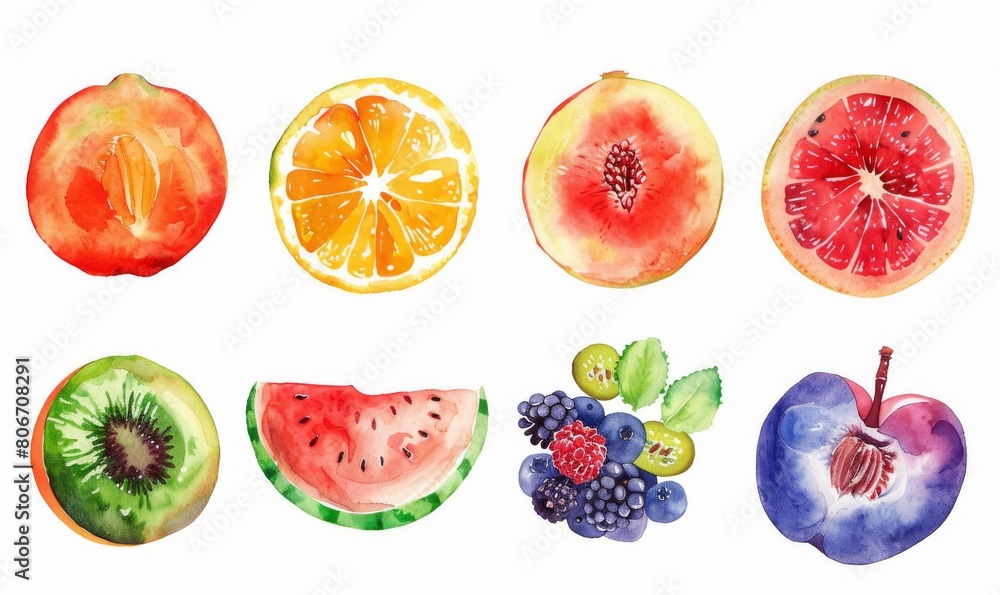 Watercolor drawing of berries and fruits in section Watercolor drawing of berries and fruits in section