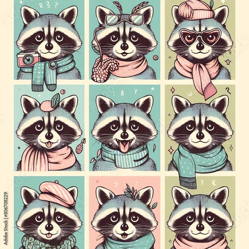set of funny cartoon raccoons, generative ai photo