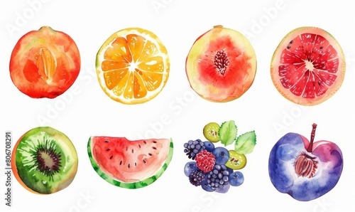 Watercolor drawing of berries and fruits in section