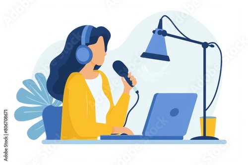 portrait illustration of a young woman indoor recording a podcast or streaming online on her laptop and multiple screens