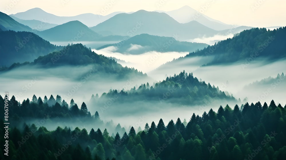 Beautiful Natural landscape background from forest  in mountains with fog, green trees, plants, nature, Pine trees