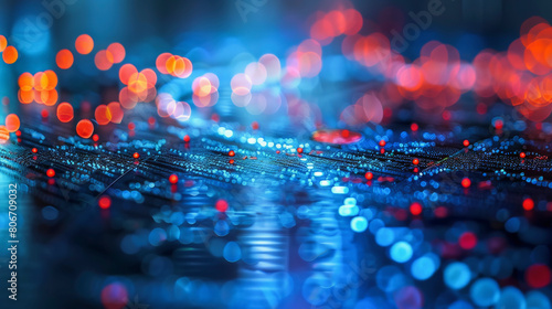 Close-up of a circuit board with shining blue and red bokeh lights, representing technology, data processing, and electronic hardware concepts.