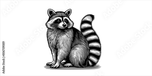 vintage engraving drawing of raccoon on white BG