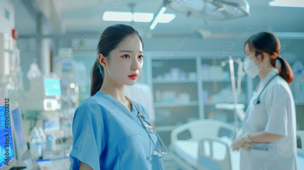 In the bright hospital environment, a nurse, she is presenting medical products,generative ai In the bright hospital environment, a nurse, she is presenting medical products,generative ai