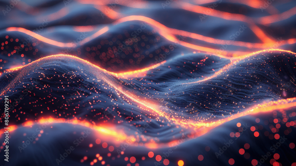 A digital art representation of a flowing, wavy landscape with glowing edges and particles, resembling a stylized visualization of energy or data flow. A digital art representation of a flowing, wavy landscape with glowing edges and particles, resembling a stylized visualization of energy or data flow.